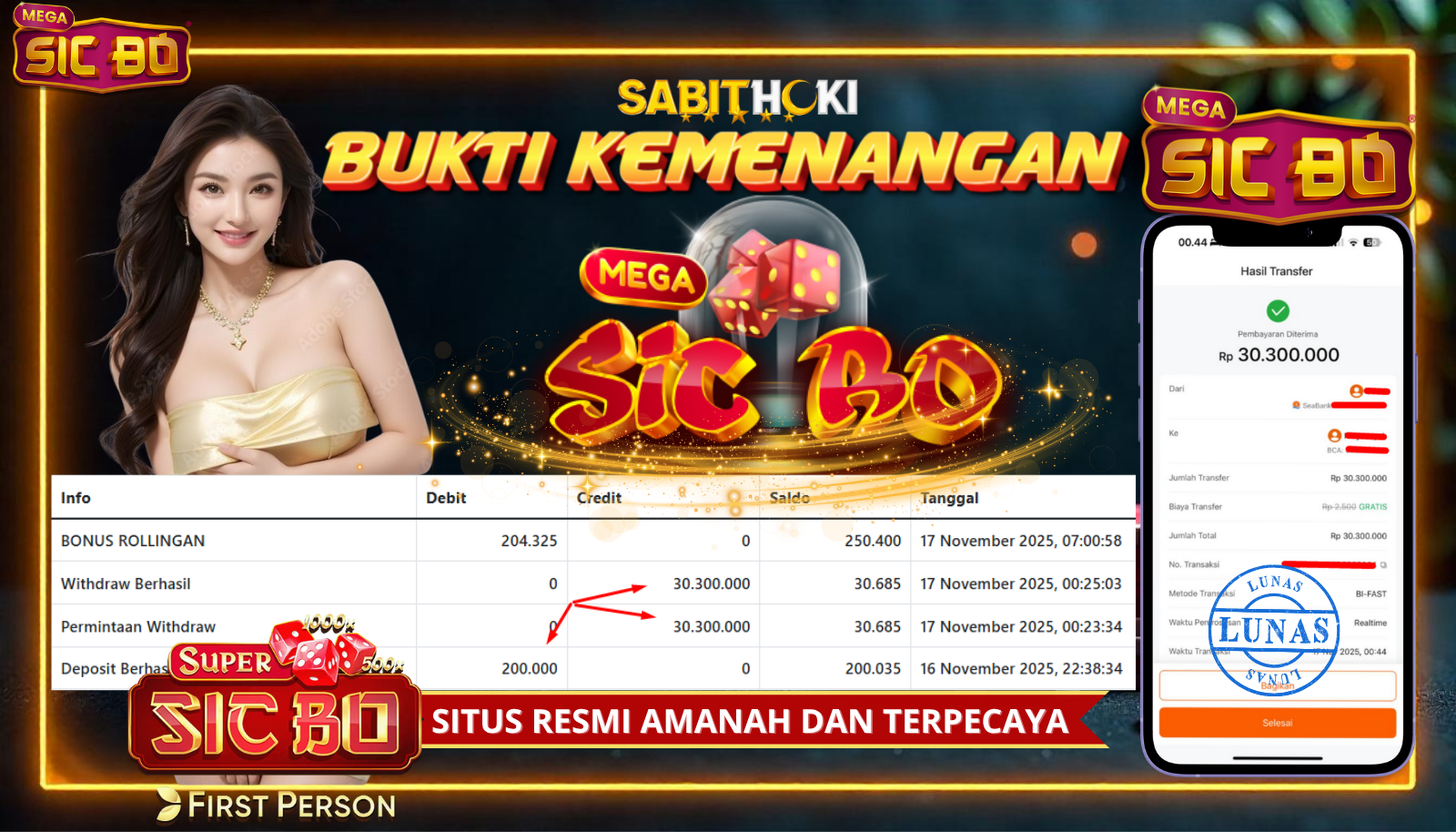 SELAMAT KEPADA MEMBER SETIA SABITHOKI YANG BERHASIL JACKPOT DI PERMAINAN SICBO
